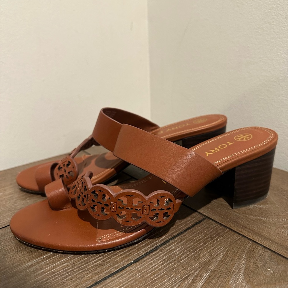 Tory Burch Tiny Miller Toe Ring Block Heeled Sandals Burnt Cuoio Size 8 - Picture 2 of 7